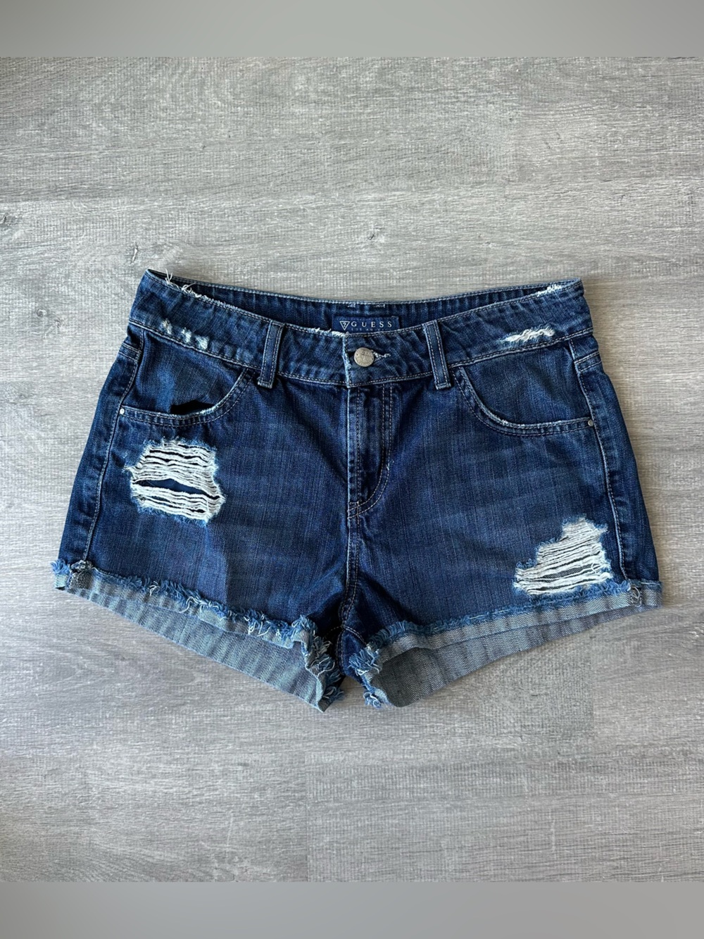 GUESS Dark Blue Ripped Denim Shorts
